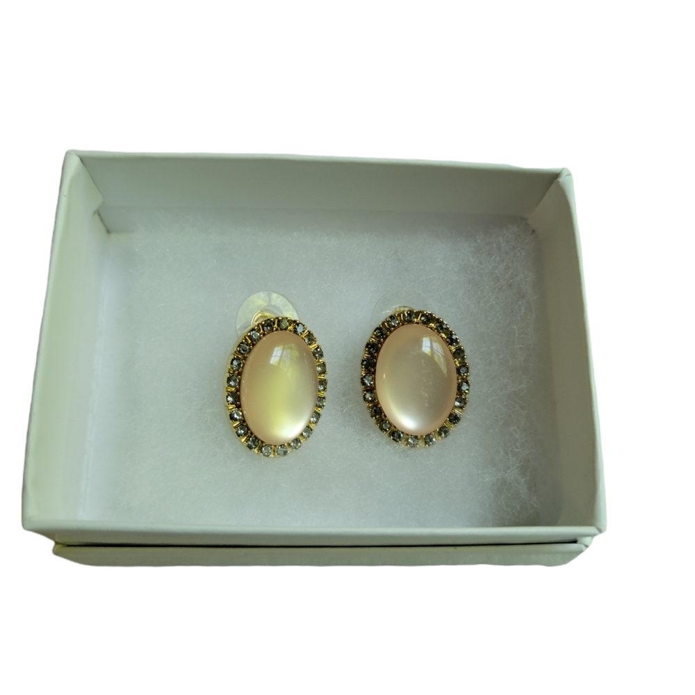 Earrings Oval Pink Center with Silver/Gold  tone Jewels Accent by Carol Duplaise